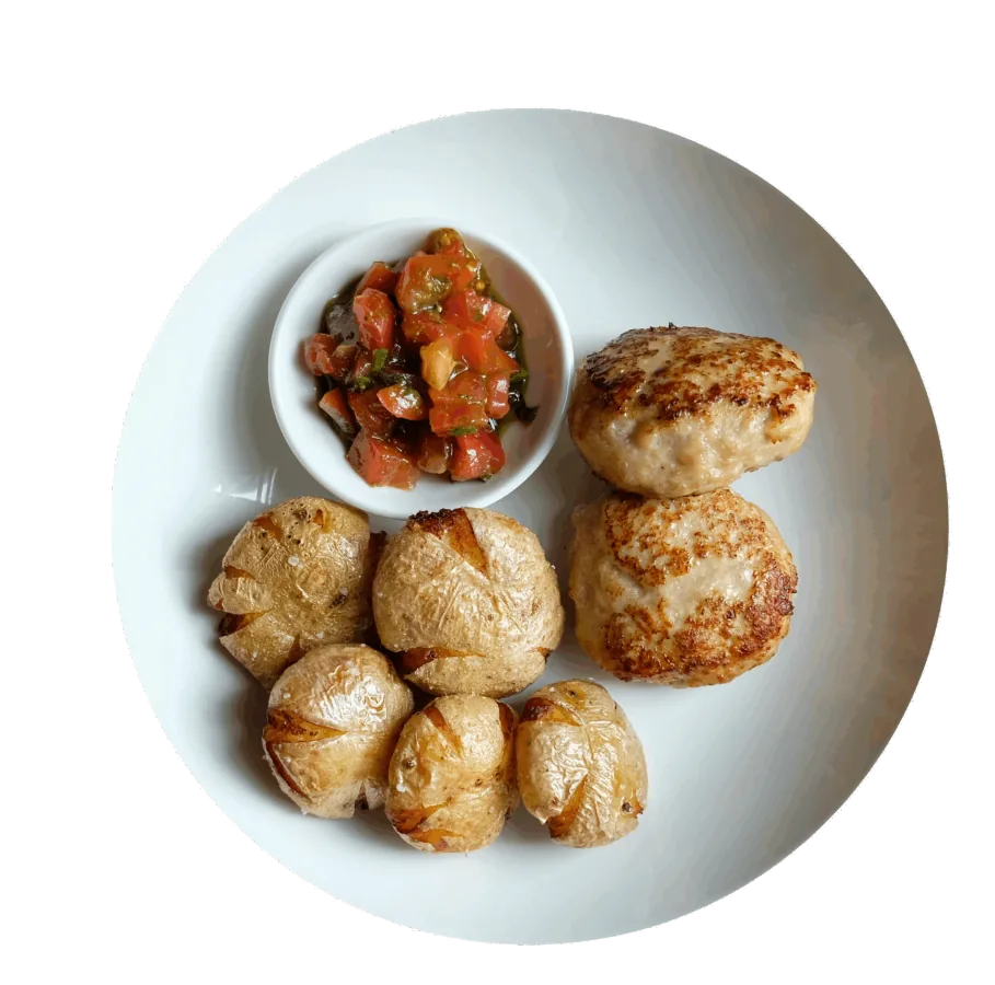 Куриные котлеты, томатная сальса, бейби картофель