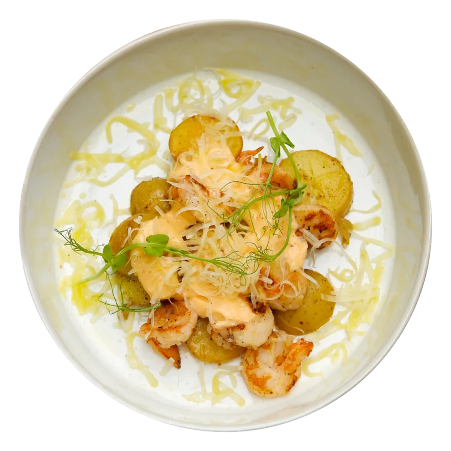 Креветки, бейби картофель, спайси соус