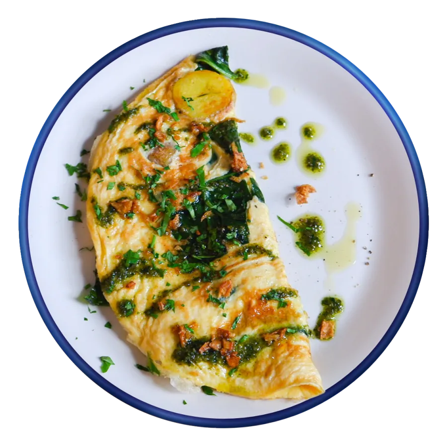 Омлет, шпинат, бейби картофель